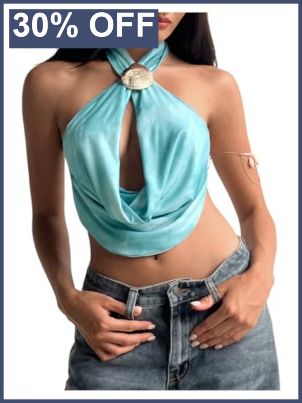 SHENHE Women's Cowl Neck Halter Top Metal Shell Crop Top Sexy Going Out Shirt